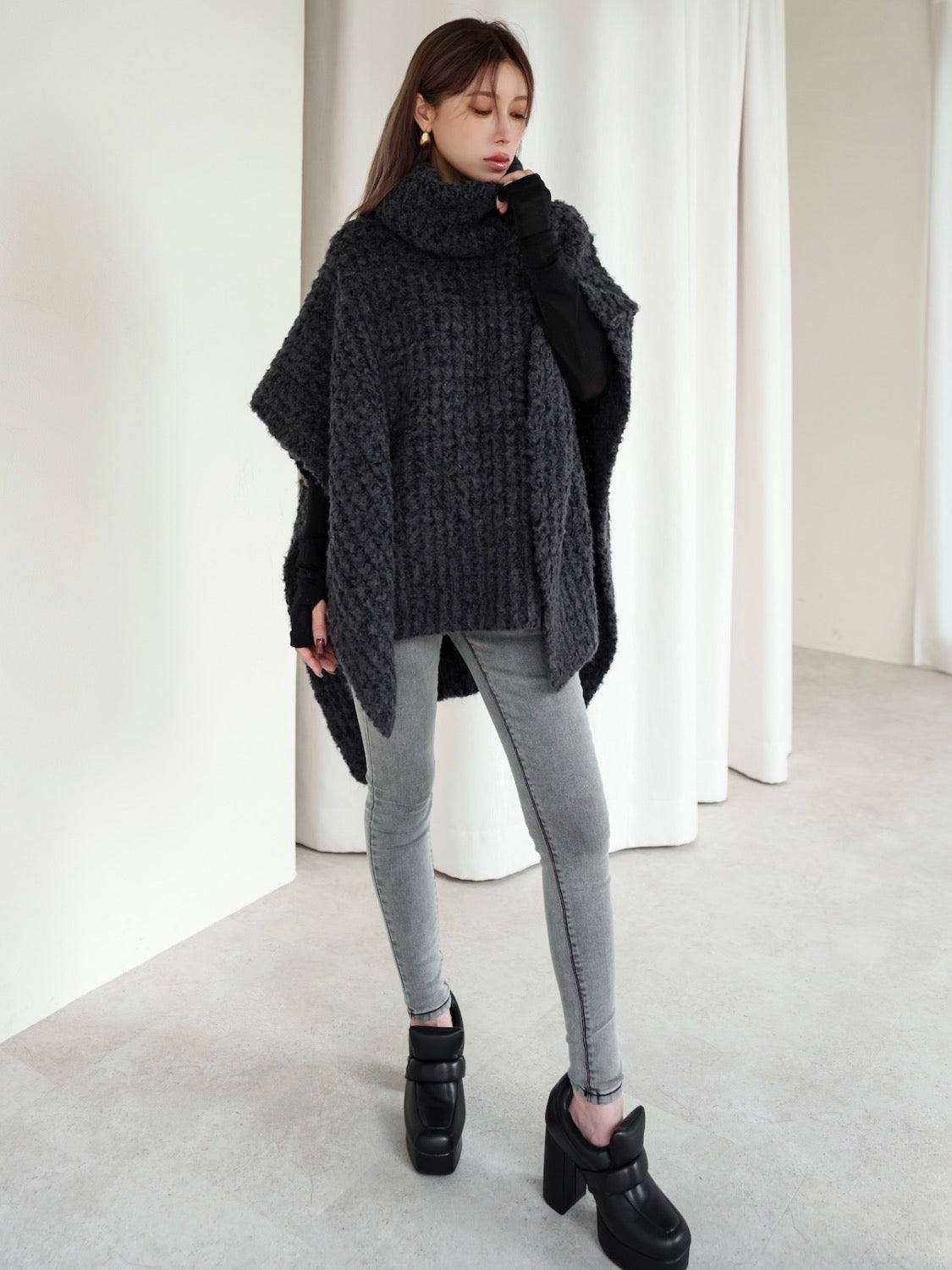 Waffle ニット 2WAY ポンチョ