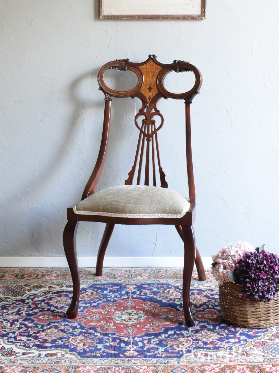 布張りのアンティークチェア、マホガニー材のダイニングチェア(j-542-c