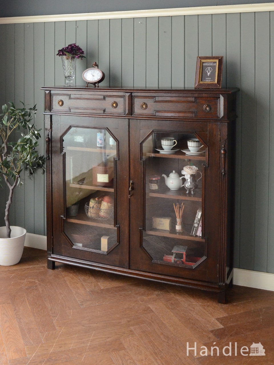 英国アンティークのガラス扉付き本棚、オーク材のおしゃれなブック