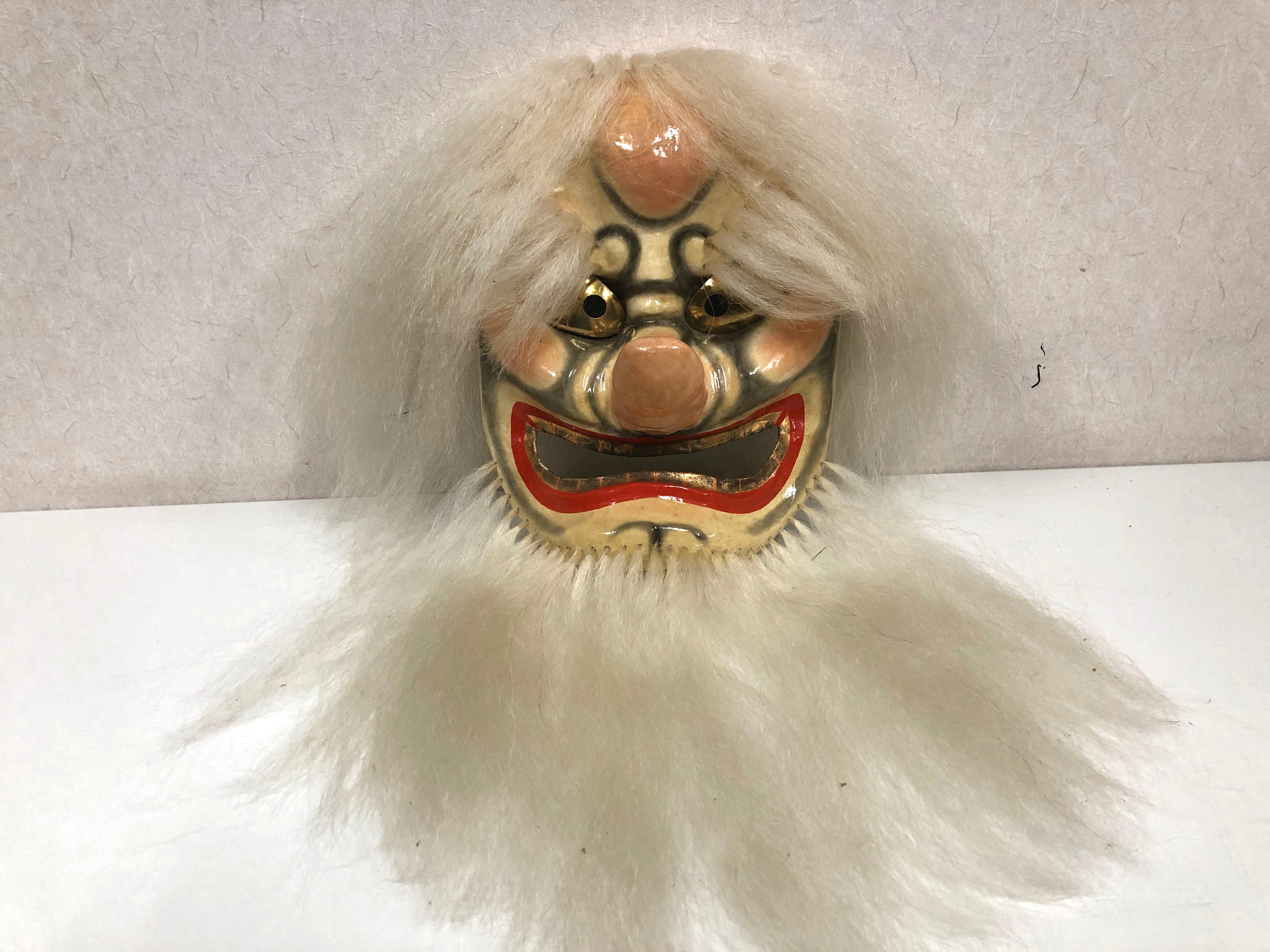 Y3965 MASK papier-mache white Tengu yokai Japanese antique omen