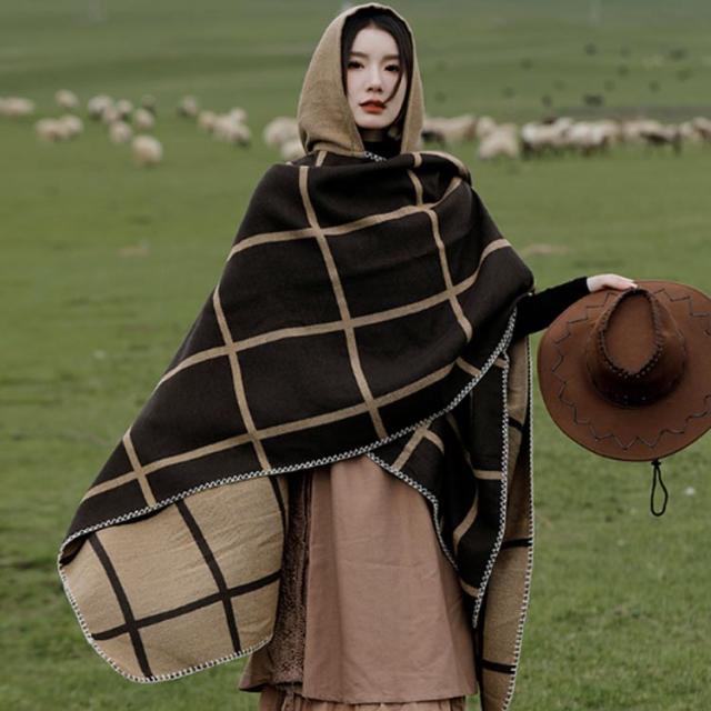 ポンチョ ストール レディース 秋冬 フード付き ボタン チェック