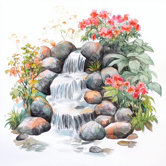 10 印刷可能な滝、水彩画の滝、庭の滝、素朴な装飾、紙のデザイン、花