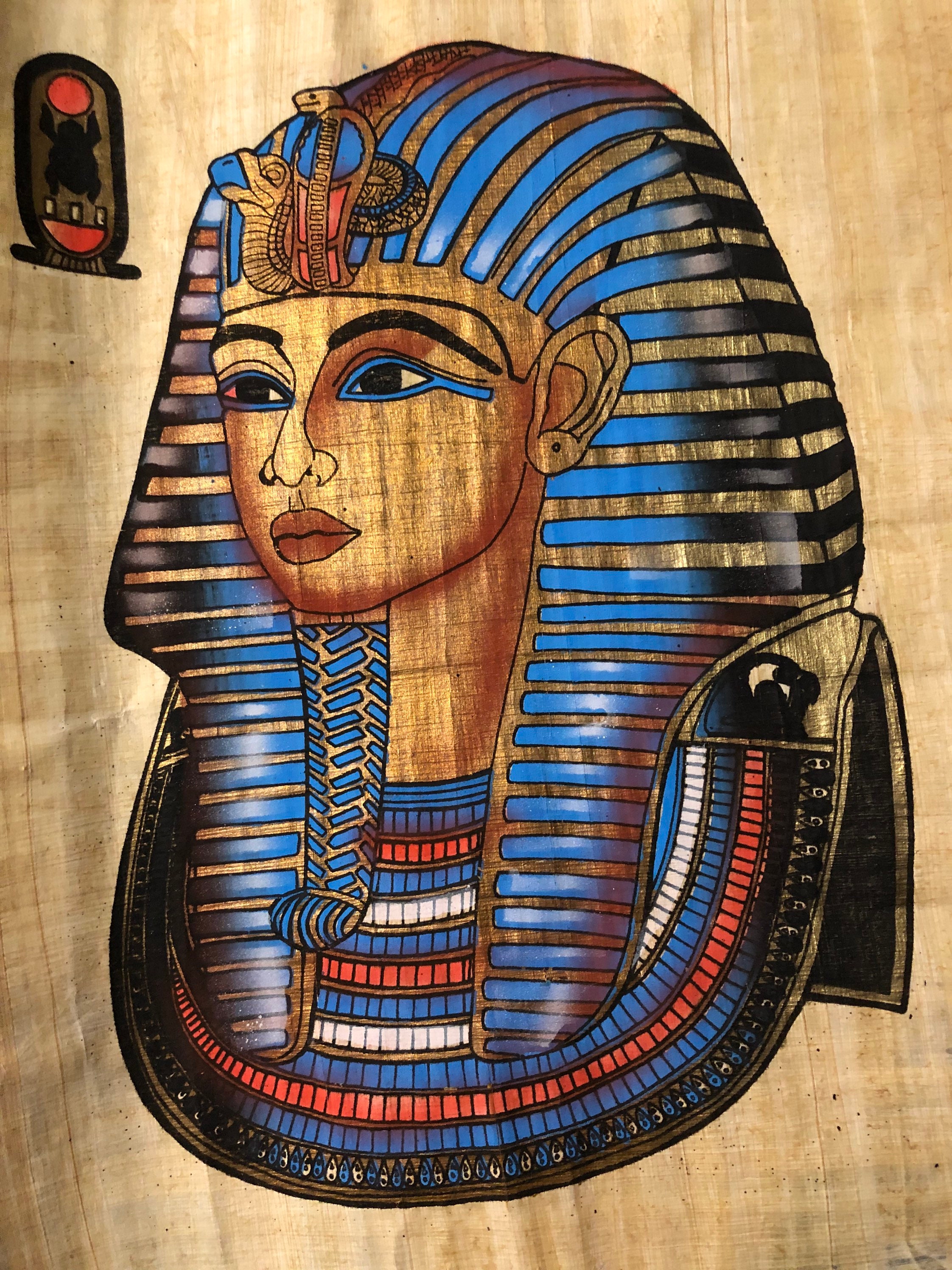 ヴィンテージのツタンカーメン王のパピルス画、エジプトの壁画