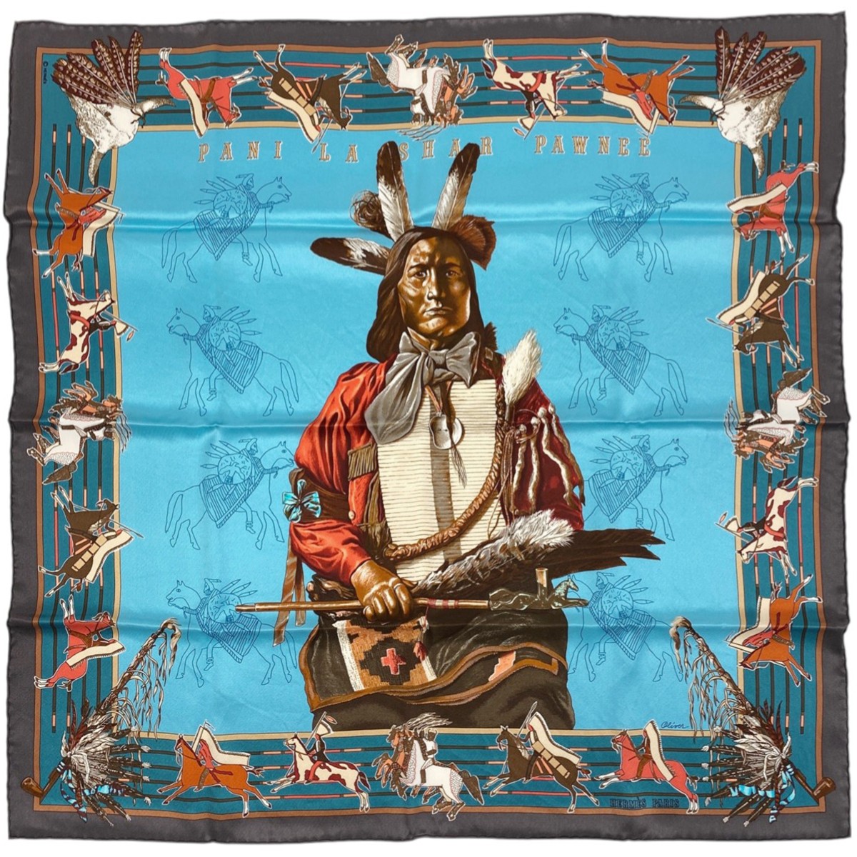 HERMES Carre70 Pani la Shar Pawnee Silk ScarfTurquoise Blue(Kermit