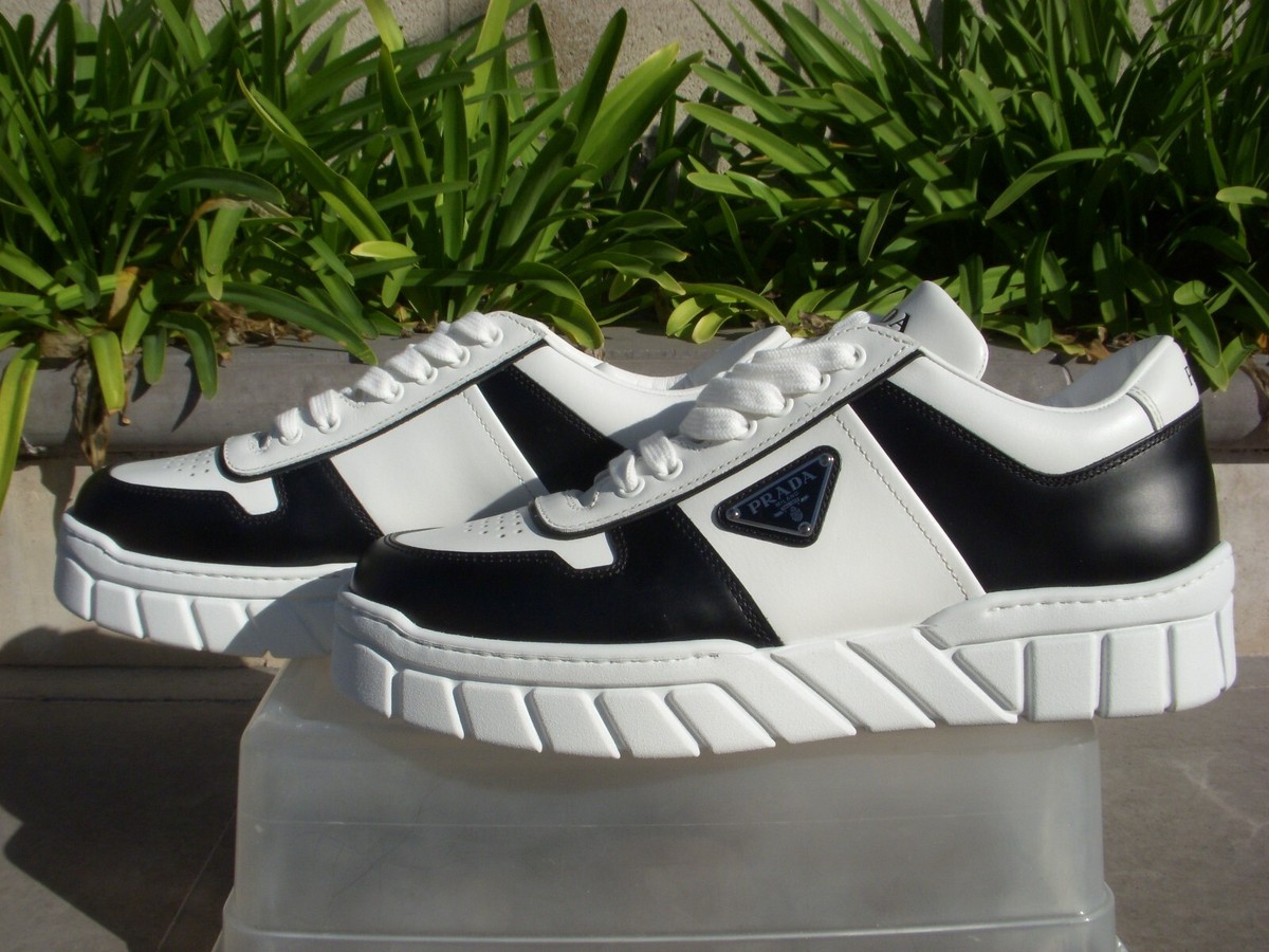 Prada FLY BLOK Triangle Logo Leather Bianco/Nero Sneaker Men US11