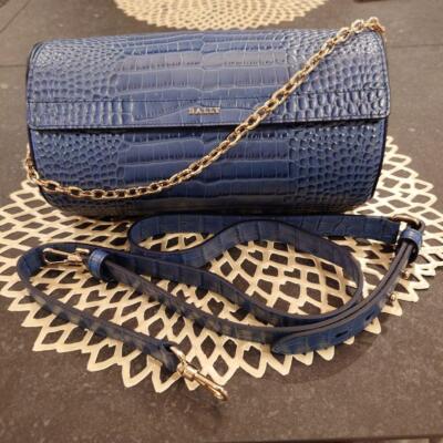 BALLY Barrel Chain Shoulder Crossbody Bag Blue Croc Embossed NEW