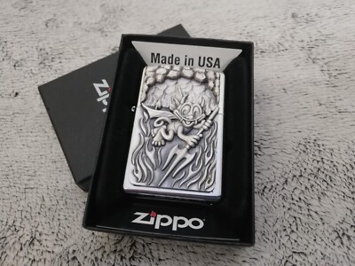 RARE CHROME 3D SURPRISE TRICK 2011 ZIPPO DEVIL SATAN TRIDENT FLAME