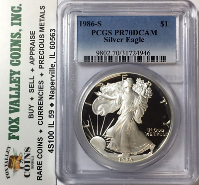 1986-S PROOF AMERICAN SILVER EAGLE PR70 DCAM PCGS. FIRST YEAR