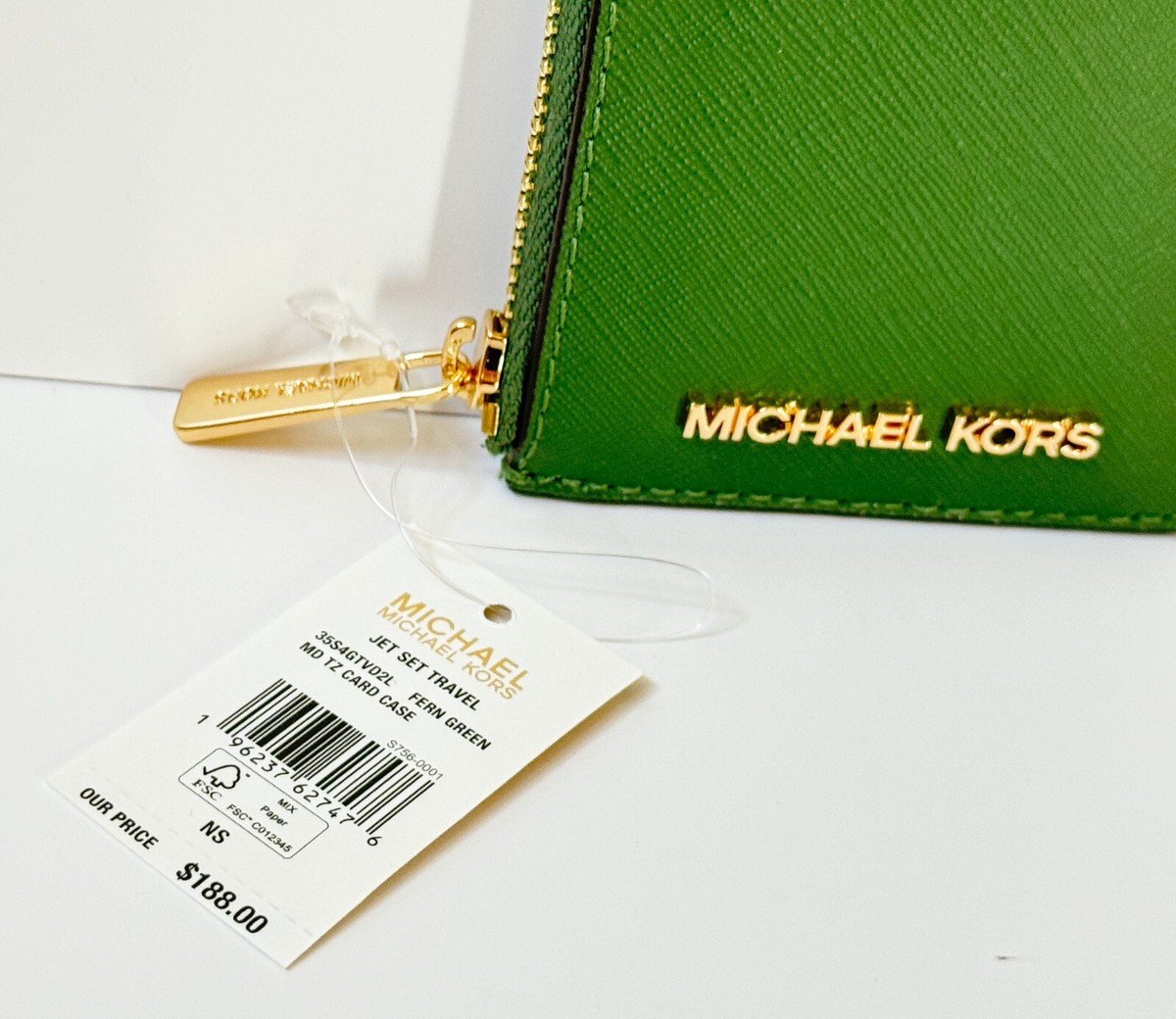 MICHAEL KORS JET SET TRAVEL TOP ZIP CARD CASE LEATHER WALLET FERN
