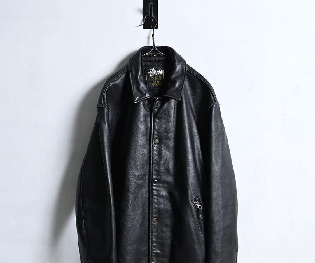 Stussy 90s Leather Car Coat Vintage Black Snap Button Issue JP XL