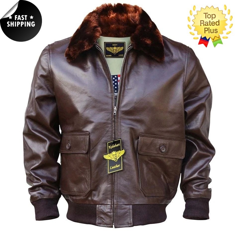 Men Aviator WWII Navy G1 Flight Bomber Real Leather Jacket Warm