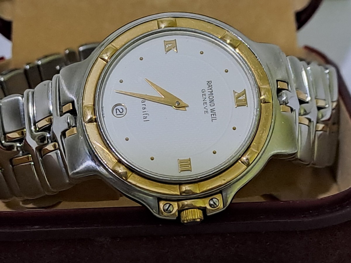 RAYMOND WEIL GENEVE PARSIFAL 9190 QUARTZ 18 SOLID GOLD/STEEL DATE