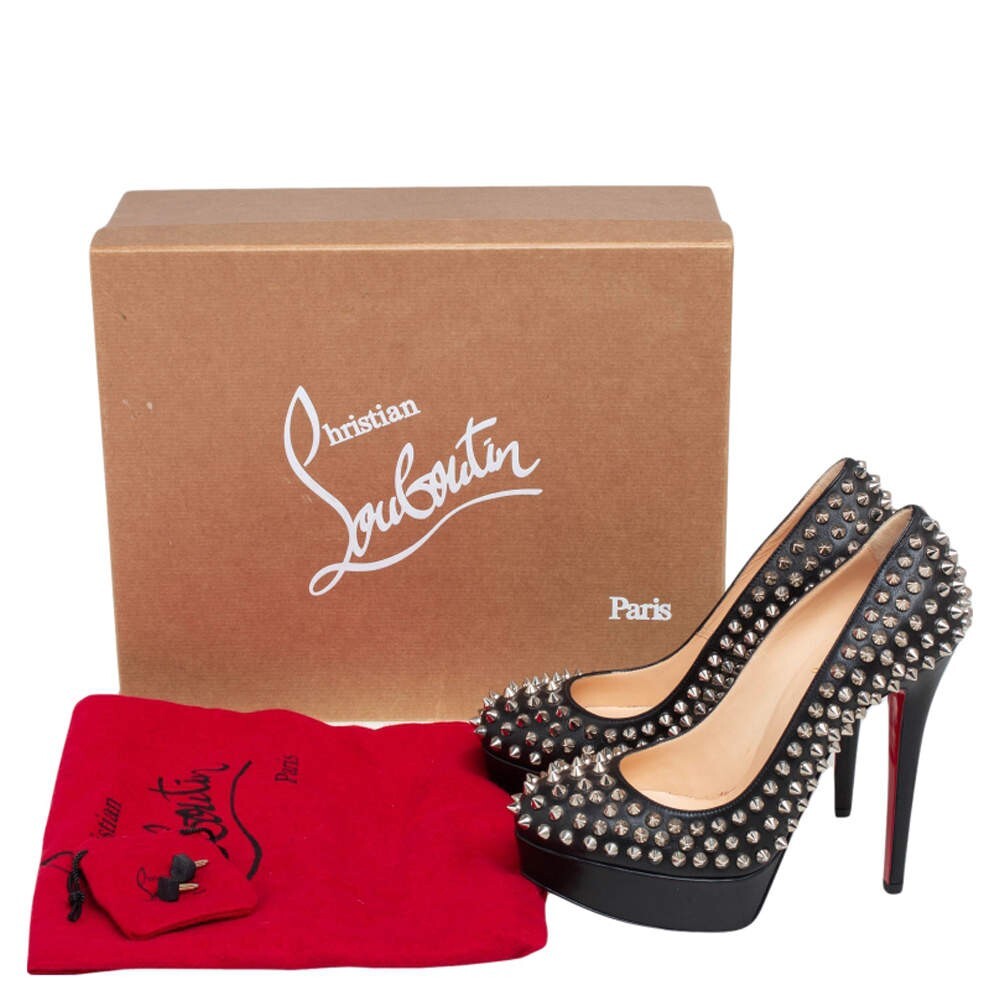 New Christian Louboutin Spike Heels Black Leather Silver Platform