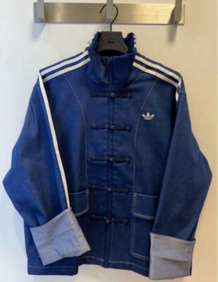 adidas denim jacket, deep blue, unisex, XL size Stand collar