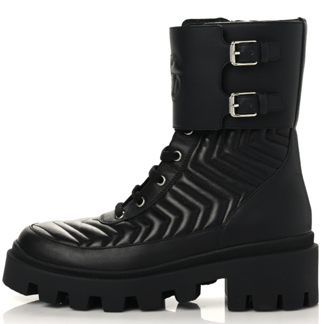 GUCCI Women's GG Black Leather Platform Combat Moto Boot Snake