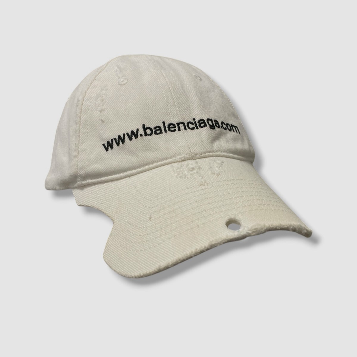 Balenciaga Men's White Distressed Piercing Logo Baseball Cap Hat