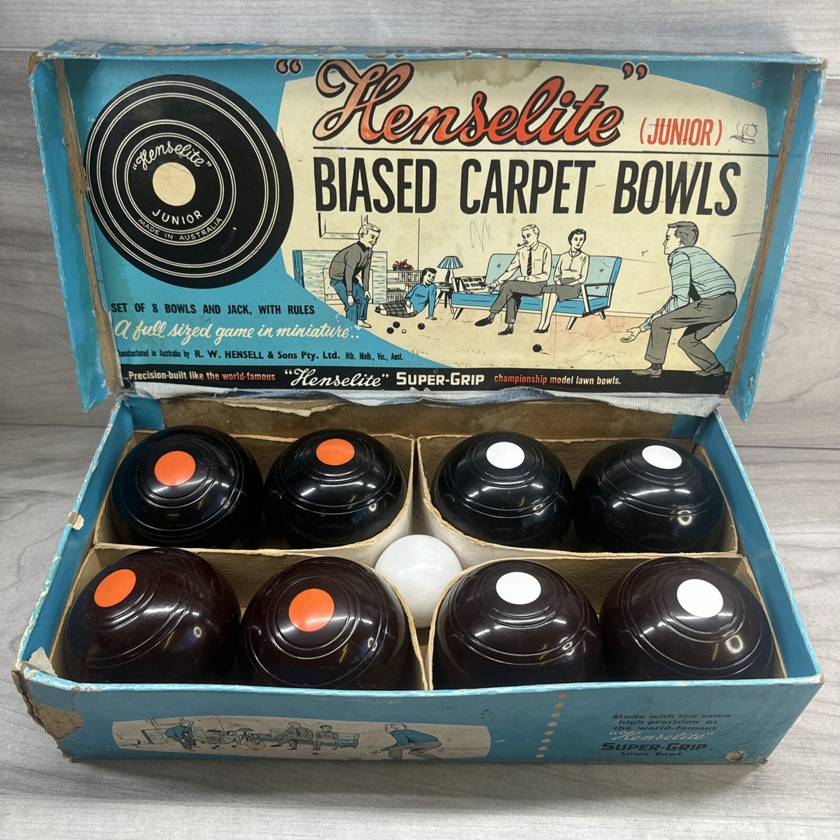 Henselite Junior Biased Carpet Bowls With Box Australia Made VNTG