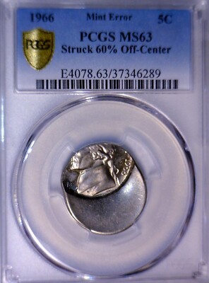 1966 ERROR PCGS MS63 60% OFF CENTER Jefferson Nickel CH BU Coin