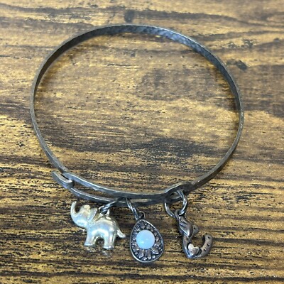 Vintage Bracelet Good Luck Multi Charm Hammered Metal Horse Shoe