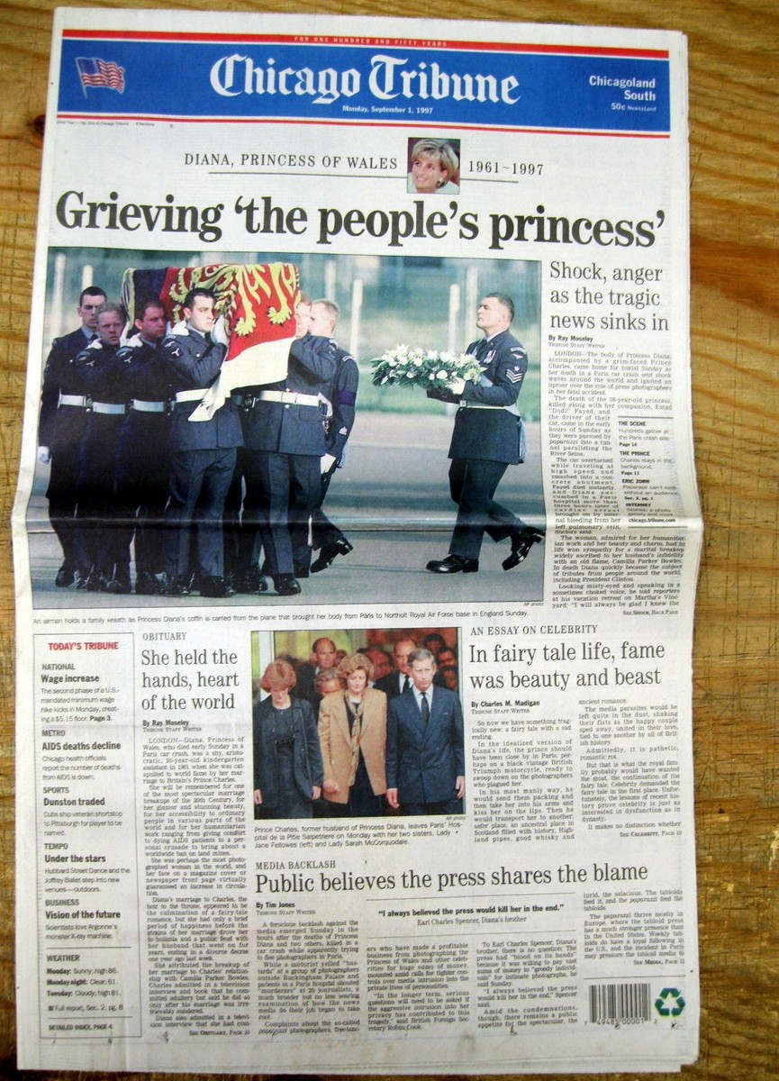 1997 headline newspaper DIANA Princess of WALES DIES in car crash
