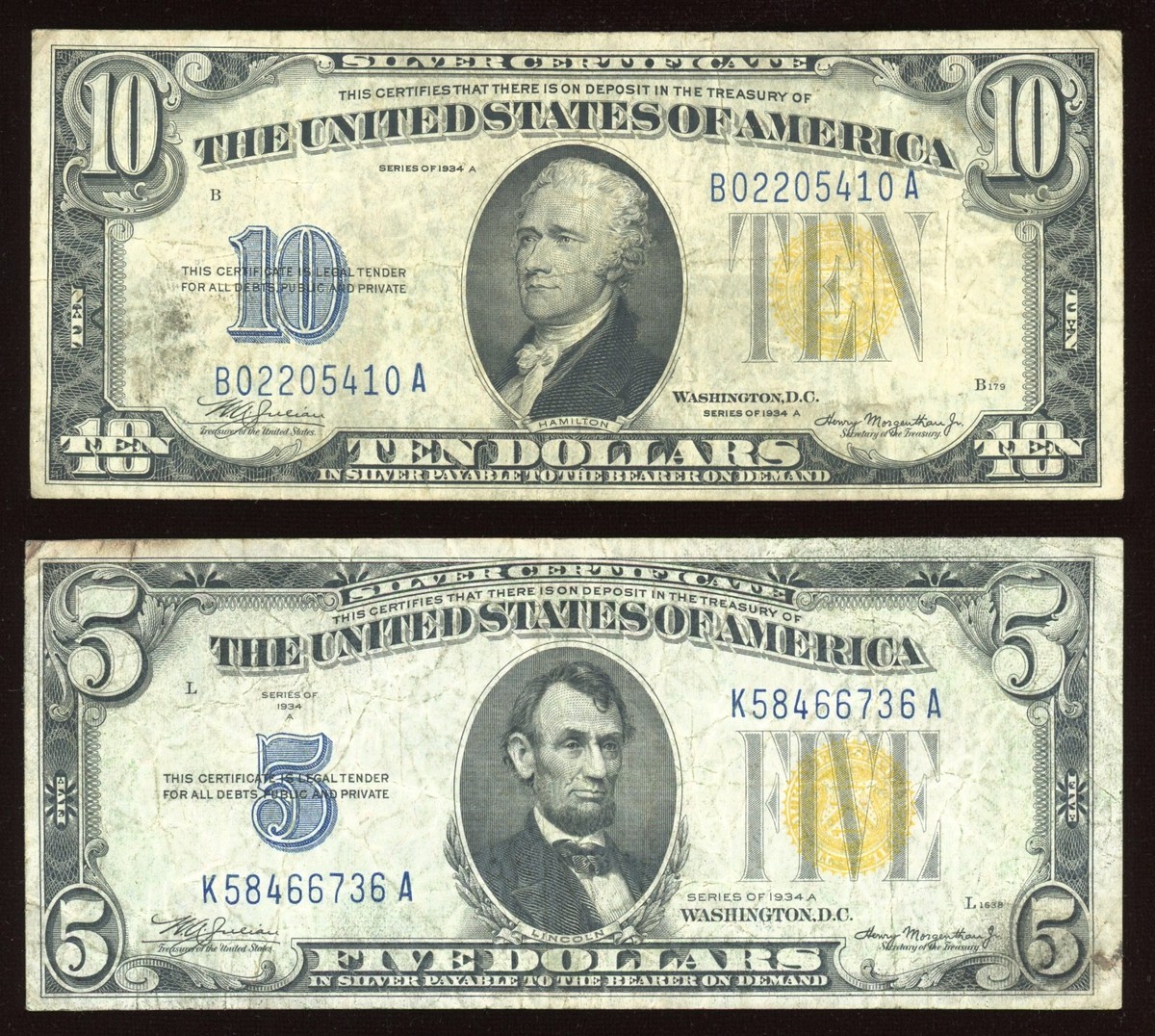 Set of 1934 $10 & $5 Silver Certificate Yellow Seal North Africa