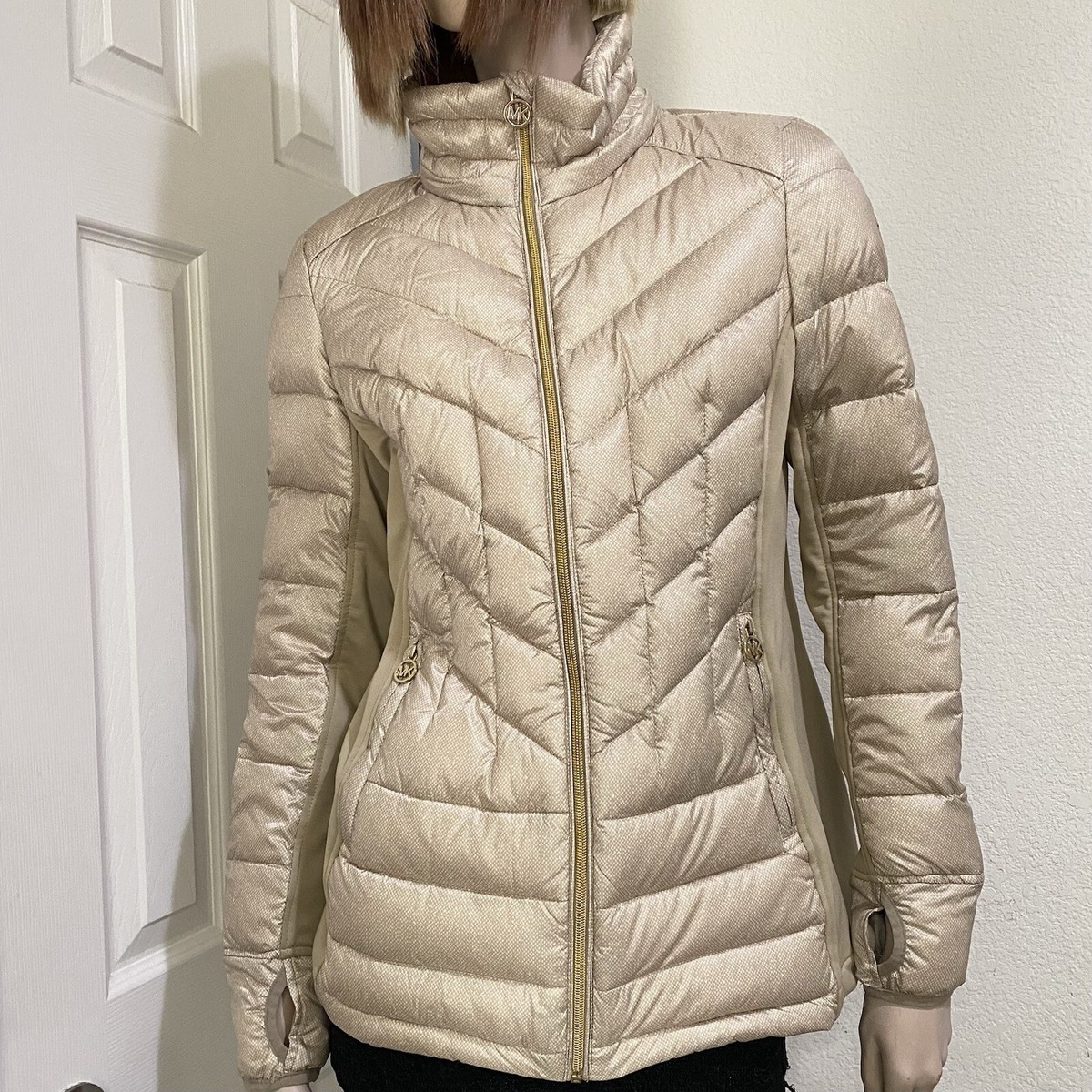 MICHAEL Michael Kors Beige Satin Specks Chevron Puffer Women's