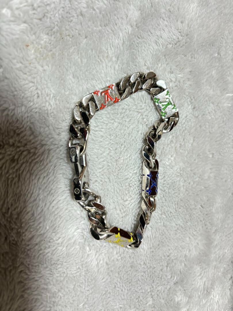 Louis Vuitton M1409L Silver Multicolor LV Chain Bracelet 22cm Mens