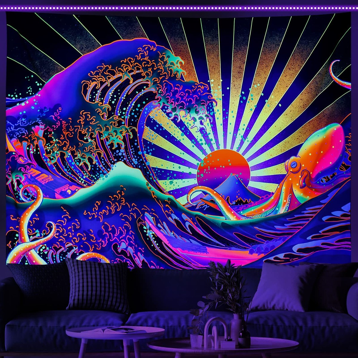 Blacklight Tapestry Great Wave Tapestry UV Reactive Japanese