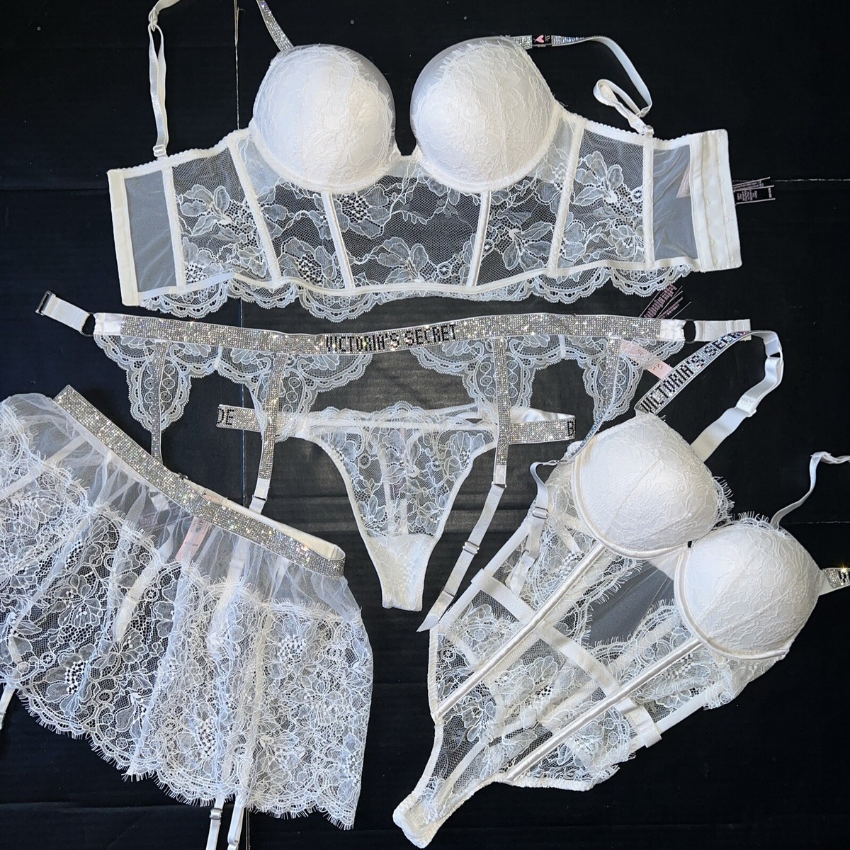Victoria's Secret 34A BOMBSHELL BRA SET+GARTER+TEDDY+S Thong WHITE