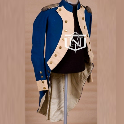 New Men's Blue Napoleon French Style Wool Jacket With Off White