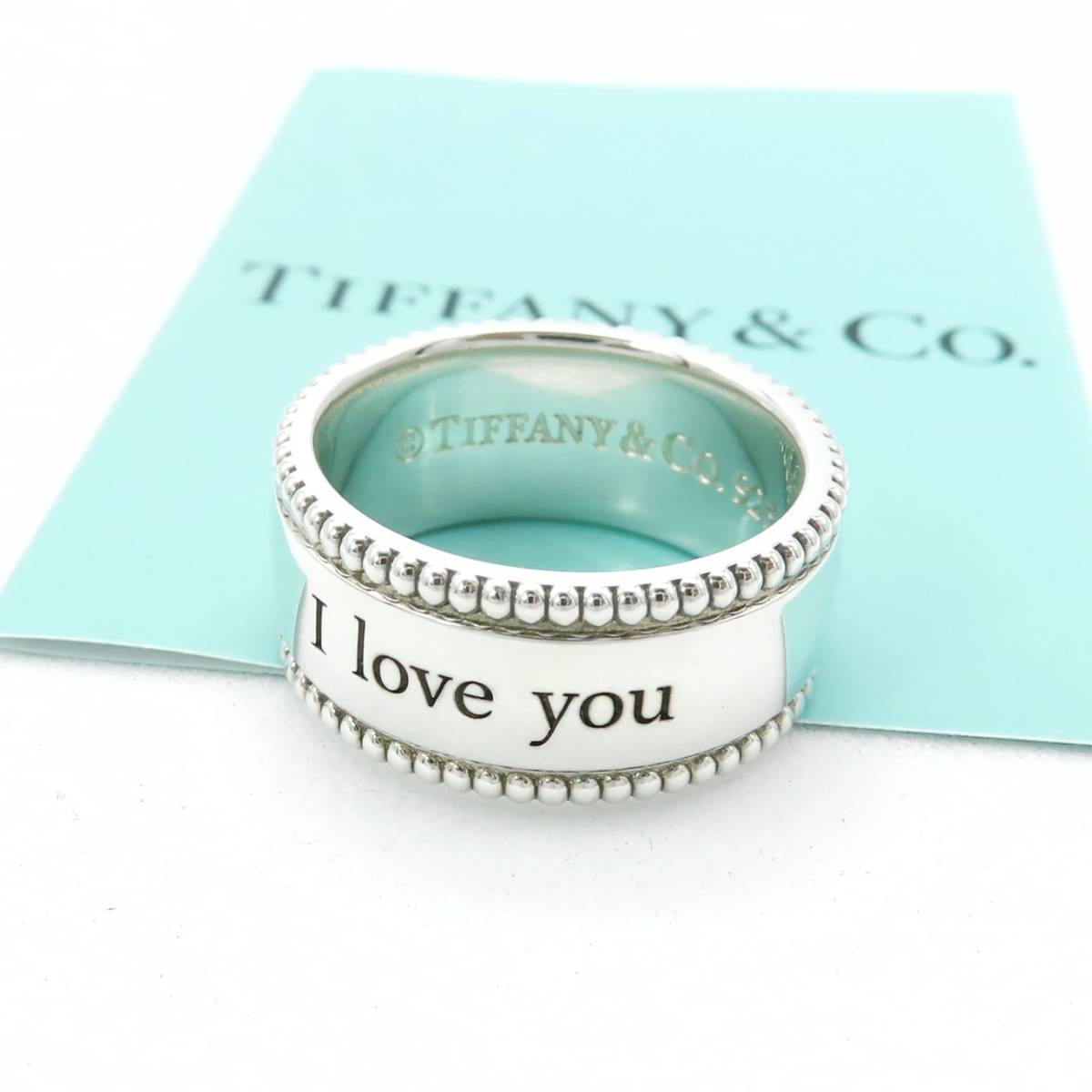 Tiffany & Co. Sterling Silver Beaded Edge I LOVE YOU Ring Size 4