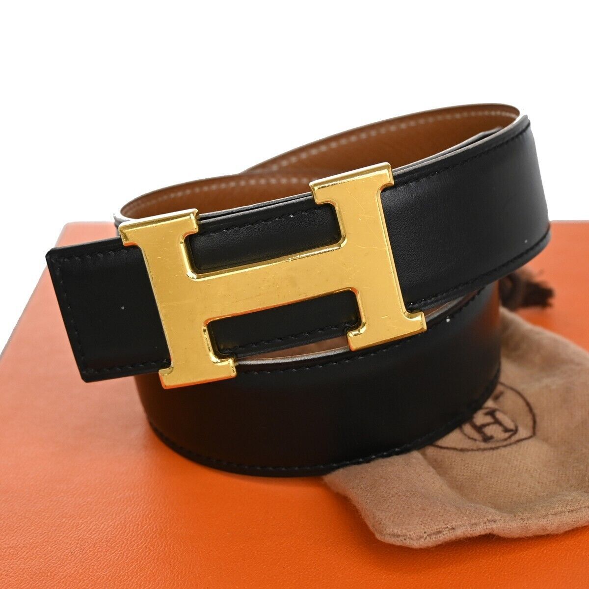 HERMES H Logo Constance Reversible Buckle Belt Leather Black Brown