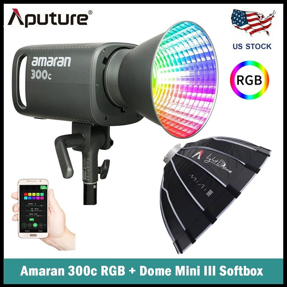 Aputure Amaran 300c RGBWW LED Video Light 300W with Dome Mini III