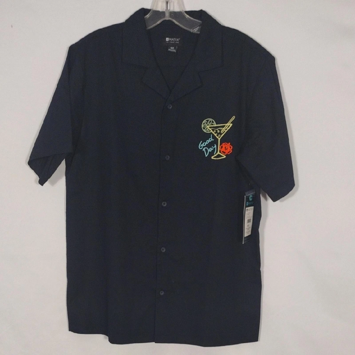 NWT Matix Dark Navy Twill Embroidered Good Day Martini Button Up