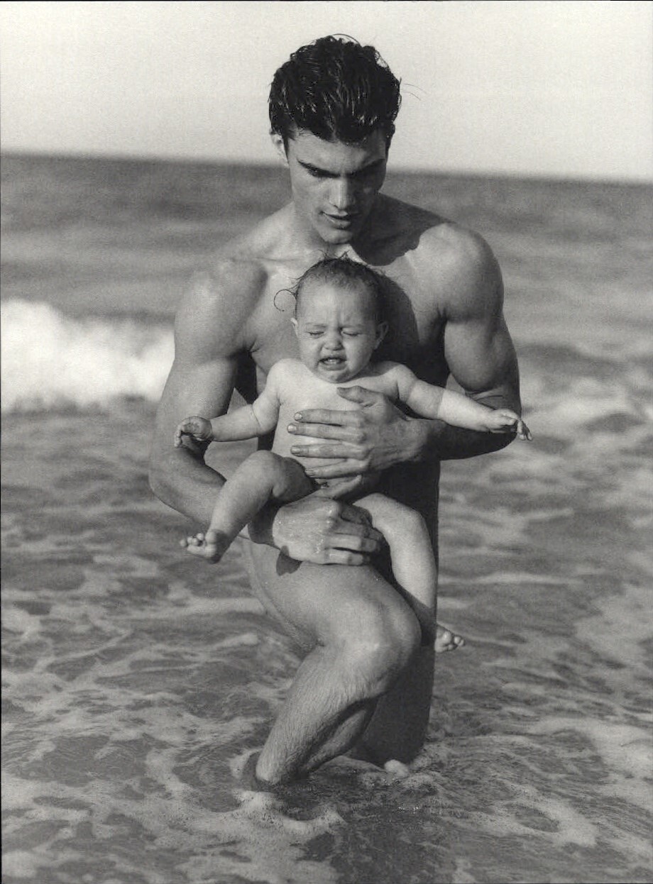 1999 Bruce Weber Male Model With A Baby In the Ocean Beach Art