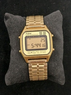 1980s Vintage Pulsar Alarm Chronograph Digital Watch Quartz Gold
