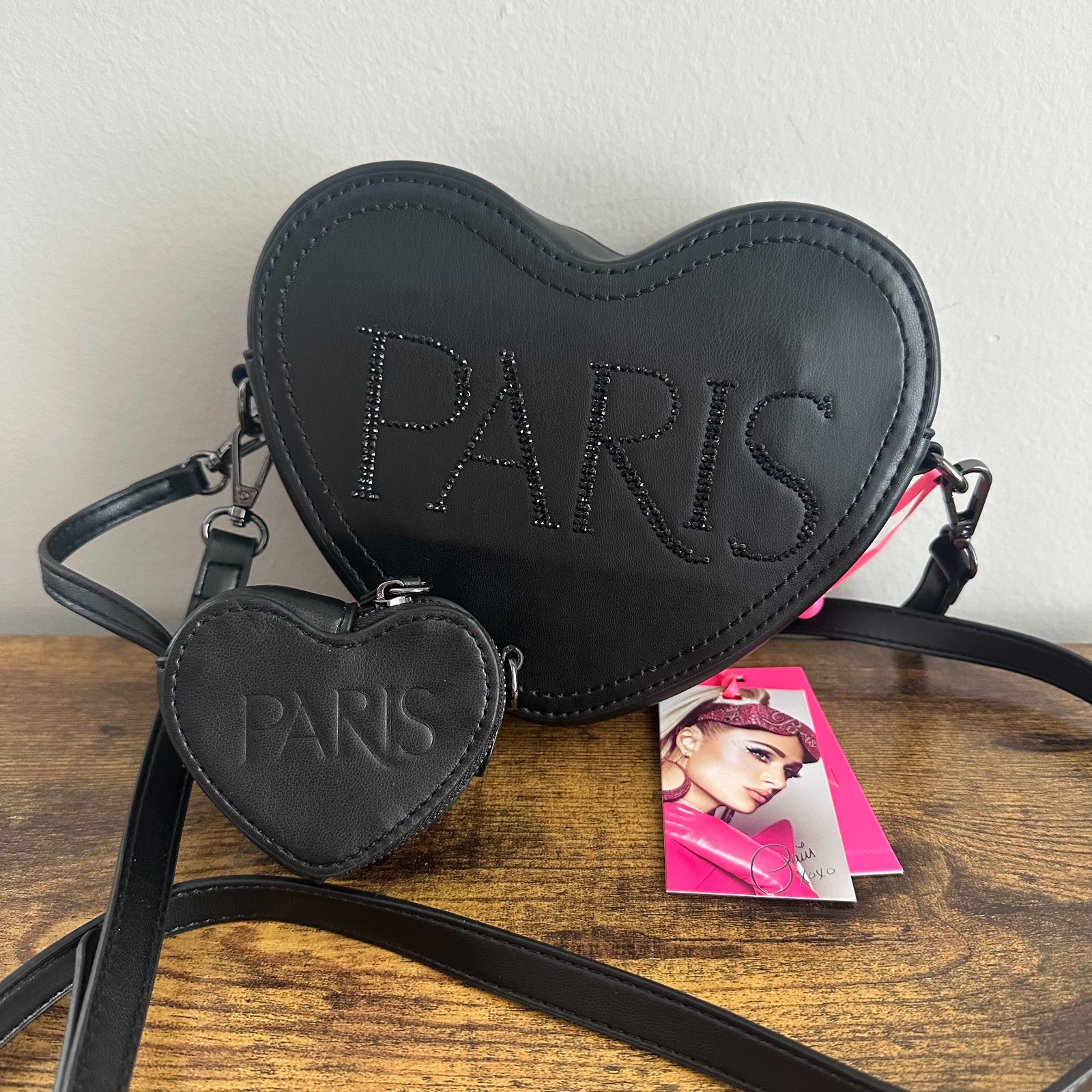 New Paris Hilton PH Heart Crossbody Bag Mini Handbag Black