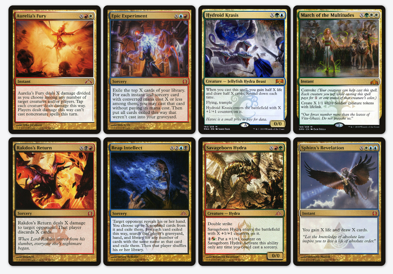 There is an almost complete multi-set Ravinca mythic X spell cycle