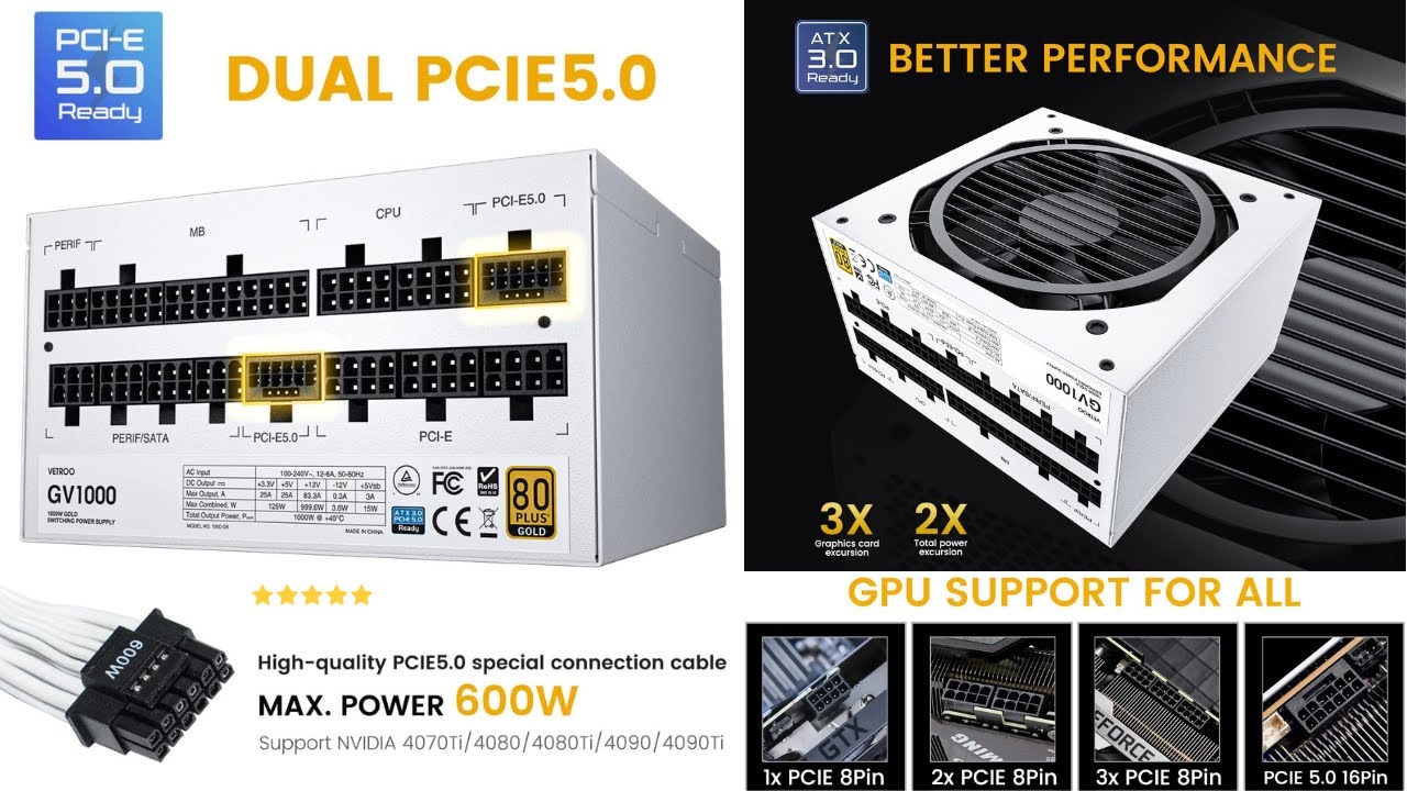 Vetroo 1000W White Power Supply ATX 3.0 Ready Dual PCIe 5.0, 80