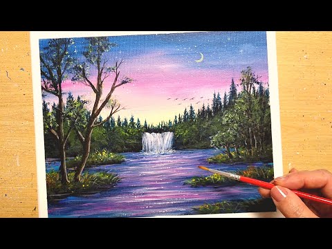 How to draw [waterfall and lake landscape] with acrylic paint