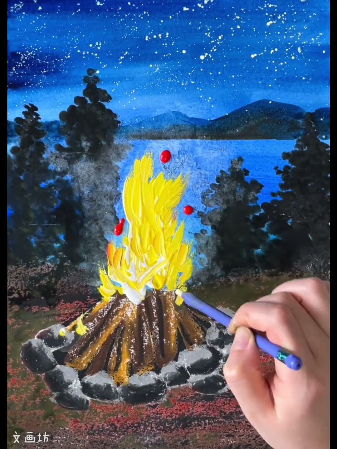 水彩とクレパスでリアルな焚火を描いてみた！ #art #painting