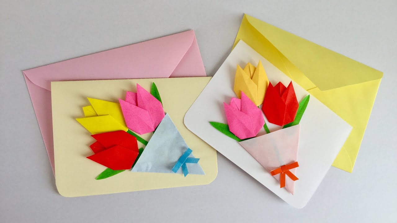 折り紙・画用紙】チューリップの花束のカード Card of Tulip bouquet