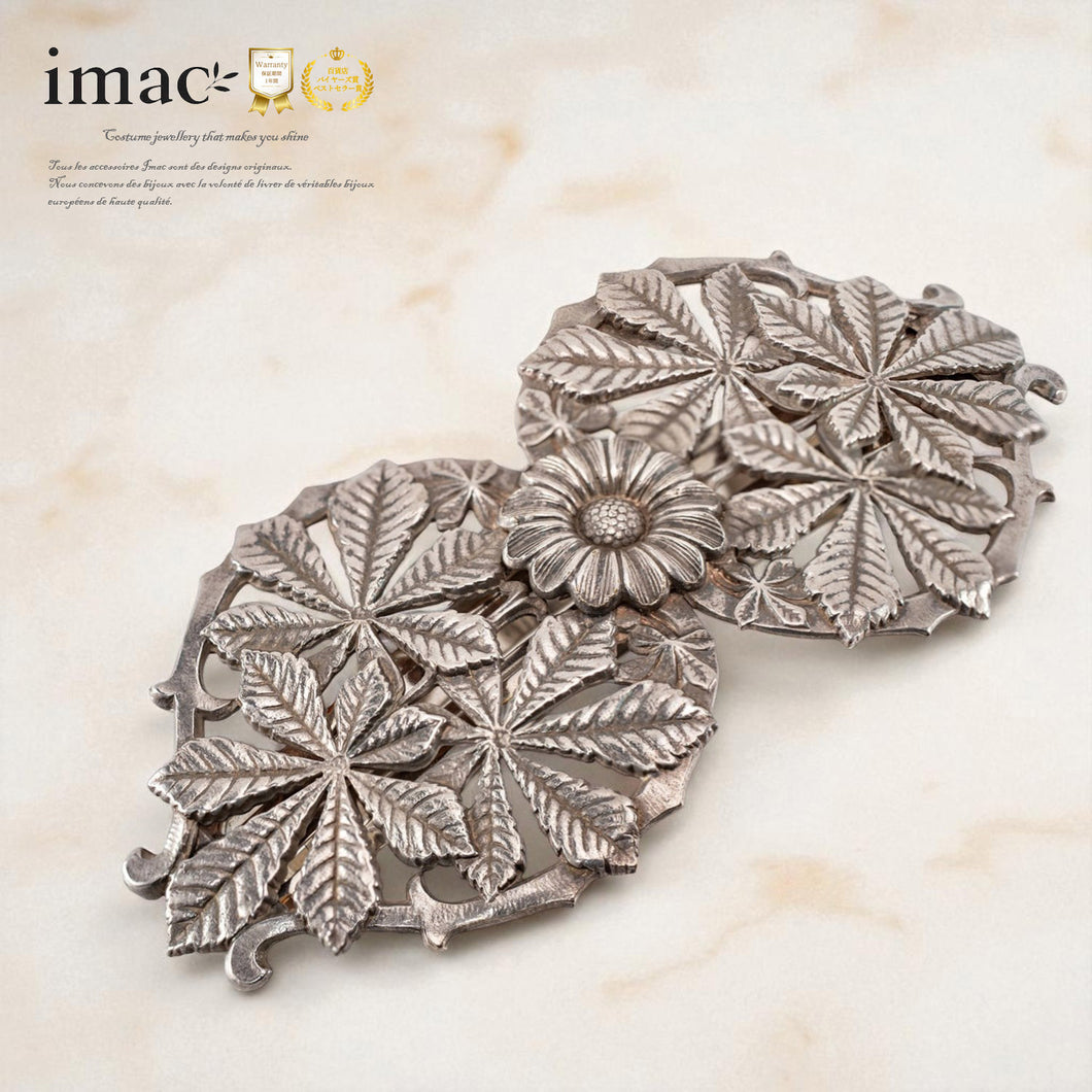 バレッタ レースメタル シルバー フラワー リーフ 留金9cm 122681