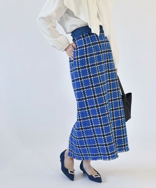 セール】 quaranciel: ブルー ツイード チェック Iライン スカート
