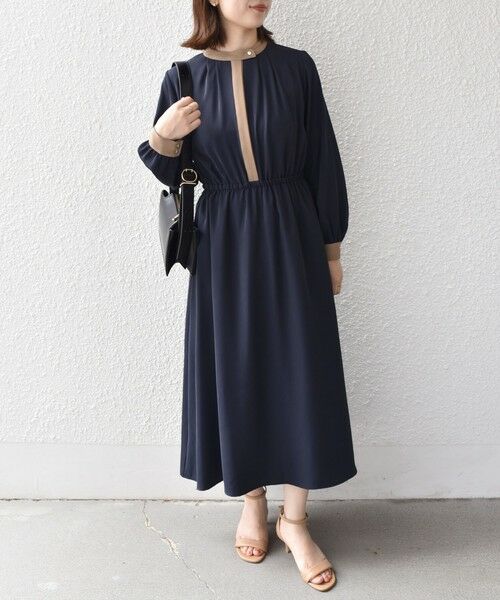 SHIPS Colors:〈手洗い可能〉配色 ギャザー ロングスリーブ ワンピース