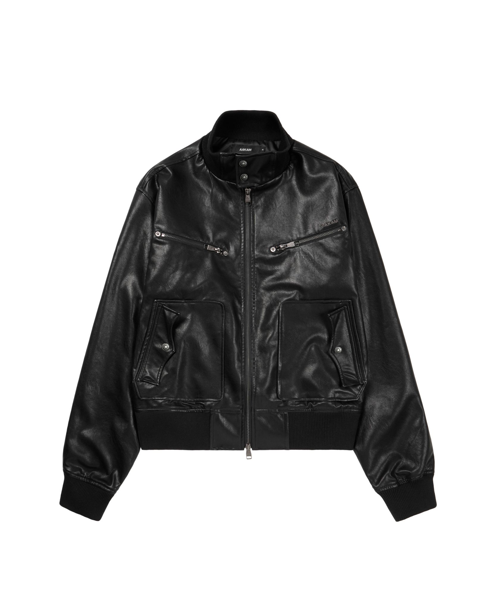 MUSINSA公式 | AAKAM High-Neck Leather Jacket (Black)