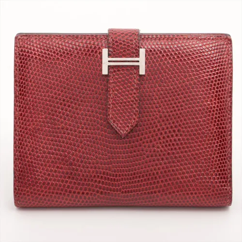 エルメス ベアンコンパクト リザード 財布 レッド シルバー金具 AB