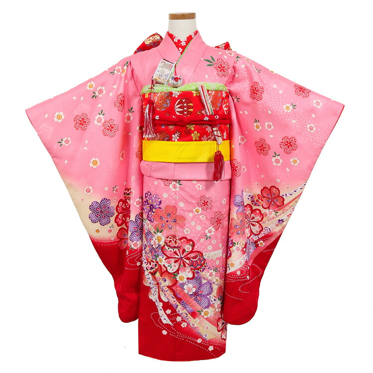 七五三用ピンク赤花柄着物 フルセット 七五三 レンタル 7歳 女の子