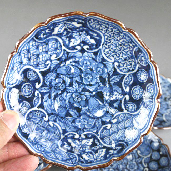 染付捻子花鳥四寸皿揃え 壹楽 - 京焼清水焼 松韻堂