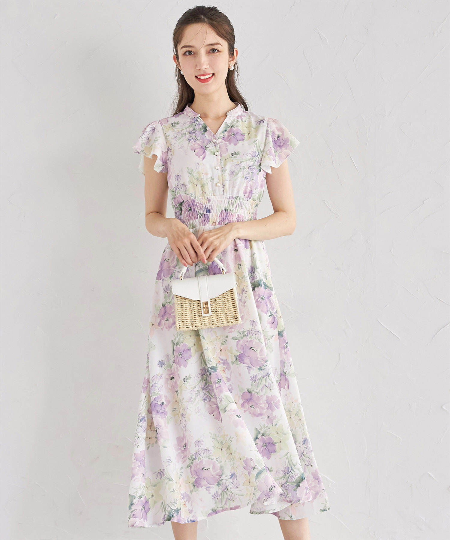 ウエストシャーリングスキッパーフラワープリントワンピース